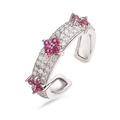 Detail of adjustable silver ring with pink floral stones and sparkling cubic zirconia - Silver Rose Red Zirconia Clover Ring
