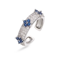 Detailed close-up of clover ring with blue pear-shaped crystals and micro-pave stones - Silver Blue Zirconia Clover Ring