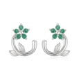 Detail of silver camellia earrings with green crystals and delicate leaf design - One Pair / Platinum Green Zirconia Flower Stud Earrings