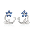 Detailed view of silver camellia stud earrings with sparkling blue zircon petals - Platinum Blue Zirconia Flower Stud Earrings