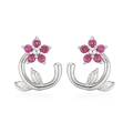 Detailed view of silver flower earrings with pink zircons and delicate leaf motifs - Platinum Rose Zirconia Flower Stud Earrings