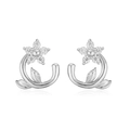 Close-up of floral stud earrings with clear zircon petals and silver leaf detail - One Pair / Platinum White Zirconia Flower Stud Earrings