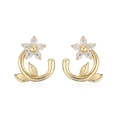 Close-up of gold camellia earrings featuring cubic zirconia petals and delicate leaf details - One Pair / Gold White Zirconia Flower Stud Earrings
