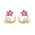 Detail of flower stud earrings with pink gemstone petals and golden metal leaves - Gold Rose Zirconia Flower Stud Earrings