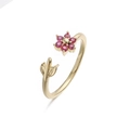 Close-up of golden adjustable ring featuring a pink zircon camellia flower and leaf - Gold Rose Red Zircon Flower Ring