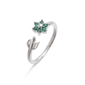 Detail showing the adjustable silver floral ring with green zircon stones and leaf accents - Platinum Tone Green Zircon Flower Ring