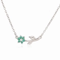Detailed silver necklace featuring a green stone camellia pendant and leaf accent - Silver Green Zirconia Flower Necklace