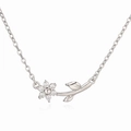 Macro detail of silver floral necklace with cubic zirconia petals and delicate O-chain - Silver White Zirconia Flower Necklace