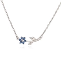 Detailed view of silver flower pendant necklace with six round blue cubic zirconia petals - Platinum Blue Zirconia Flower Necklace