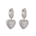Detailed view of silver heart drop earrings with micro-pave cubic zirconia crystals - Earrings / White Gold