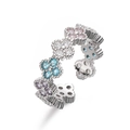 Macro detail of silver adjustable ring featuring colorful four-leaf clover petals - Platinum / Multicolor Zirconia