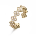 Detail of clover ring featuring white zircon pave setting and adjustable gold-plated band - Gold/White Zirconia