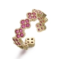 Luxury copper open ring with sparkling pink zircon clover petals and gold plating finish - Gold / Rose Red Zirconia