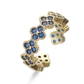 Detail of adjustable gold ring featuring five blue clover charms with shimmering stones - Gold/Blue Rhinestone