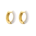 Close-up of golden hoop earrings featuring white enamel daisy design on white background - White Ear Hoops / 1 Pair