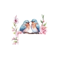 Dettaglio di adesivi murali acquerello con uccelli blu su rami di fiori rosa pesca - Due Uccelli Floreale (HY-KG018) / 12x14.5cm