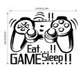 Detailed dimension guide for the Eat Sleep Game wall decal showing 57x43cm size - 43x57cm Layout (FX4045)