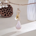 Exquisite handmade Pipa pendant with gold frame and jade ring hanging on a zen branch - Light Pink