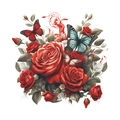 Dettaglio di rose rosse e adesivi con farfalle colorate per decorazione casa - Farfalla Rossa Blu Marrone Rosa (HY-M021)