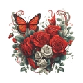 Adesivo murale floreale dettagliato con rose rosse, fiori bianchi e farfalla monarca - Farfalla Monarca Rosa Rossa Bianca (HY-M022)