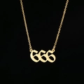 Macro shot of gold stainless steel 666 angel number pendant with a fine cross chain - 666 Gold