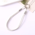 Detail of white braided leather lanyard with high-gloss silver metal ring and slider - White