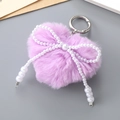 Lavender plush heart keychain with pearl bow ornament and silver metal ring accessory - Purple