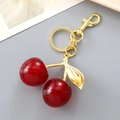 Creative red resin cherry keychain with gold leaf and lobster clasp for bag charms - Dark Red