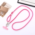 Close-up of pink braided phone lanyard with adjustable silver buckle and metal hook - Rose Red