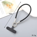 Detail of black woven leather wrist strap with crystal ring and T-shaped phone connector - Black Braided Wrist Strap Style(K4783)