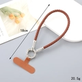 Detail view of 18cm braided leather phone lanyard with diamond metal ring and T-pad - Brown Braided Wrist Strap Style(K4786)