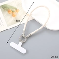 Close-up of cream woven PU leather phone lanyard with rhinestone metal ring and PVC patch - Off White Braided Wrist Strap Style(K4785)