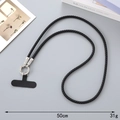 Detail view of black woven phone lanyard with rhinestone ring and connector pad - Black Braided Neck Strap Style(K4777)