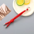 Detail view of red braided nylon keychain with silver spring ring on aesthetic background - Red