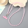 Vista detallada del cordón rosa brillante para móvil con anillo de metal e inserto en forma de T - Cadena cruzada / Rosa