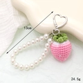 Handmade crochet strawberry keychain with pearls and heart clasp, 13cm length detail - Pink Strawberry Style (K5118)
