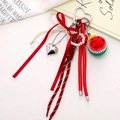 Handmade crochet watermelon bag charm with silk ribbon bow and pearl bead string - Sliced Watermelon Pendant