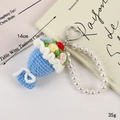 Handmade crochet rose bouquet keychain with blue wrap and pearl strap length 14cm - Blue