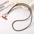 Retro dark brown woven phone lanyard with silver metal ring and leather pad crossbody strap - Retro Wood Grain Leather Rope Crossbody Chain (K5319) / Dark Brown
