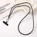 Minimalist black braided crossbody phone lanyard with silver ring and secure connector - Retro Wood Grain Leather Rope Crossbody Chain (K5320) / Black