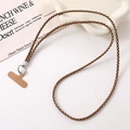 Detail of woven brown leather phone strap with silver metal ring and patch - Retro Wood Grain Leather Rope Crossbody Chain (K5321) / Tan