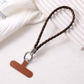 Brown woven PU leather phone lanyard with vintage wood grain texture and metal buckle - Dark Brown