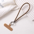 Minimalist woven PU leather phone lanyard strap with wood grain charm and metal ring - Light Brown