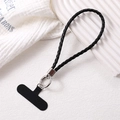 Black woven PU leather phone lanyard with silver metal ring and universal gasket - Black
