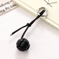 Detailed view of black woven leather ball charm with silver metal ring and cord - Black Braided Ball (K5251)