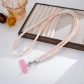 Close-up of pink sequined denim phone lanyard with silver metal clasp on a white surface - Crossbody Chain / Orange (K5656)