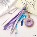 Ciondolo per borsa a forma di ciambella in pelle PU viola con perline e nastro decorativo - Ornamento Ciambella / Stile Viola (K5281)