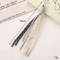 Detail of 23cm hand-woven phone charm featuring grey fringe and white lace ribbons - Gray