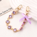 Purple gemstone chain with silk ribbon bow and gold lobster clasps for bags and phones - Handheld Chain - Purple (K5372)