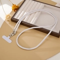 Detail of white braided lanyard with silver lobster clasp and secure phone tether tab - White